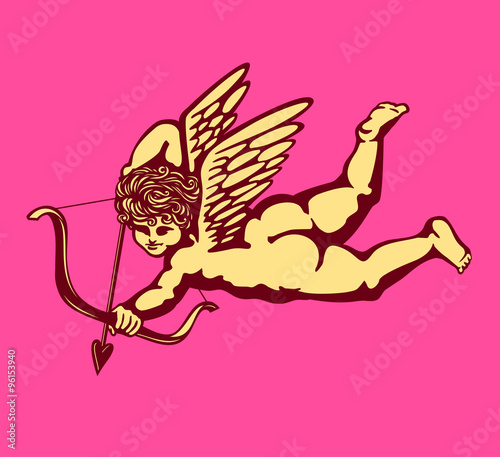 Simple monochrome winged cupid angel with bow and arrow, eros god of love aiming at someone's heart vector illustration, falling in love, valentine's day