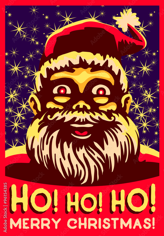 Ho ho ho! Merry christmas vector illustration, vintage happy smiling cartoon santa claus fat belly laugh
