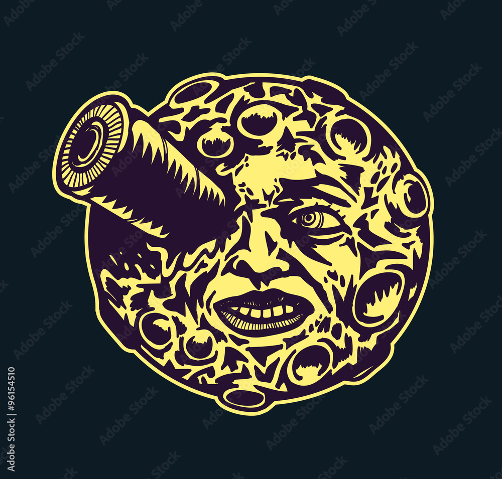Obraz premium Moon trip, stylized cartoon moon face with space rocket in the eye, history of cinema, space travel vector illustration, moon landing
