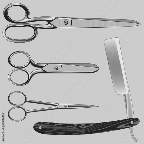 Barbershop elements.
Retro scissors and razor in vintage engraved style. Stock vector illustration.