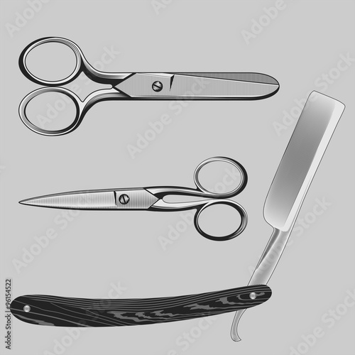 Retro barbershop elements.
Vintage scissors and razor in engraved style. Vector illustration.