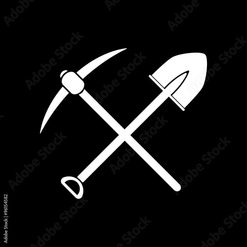 The crossing spade pickax icon. Pickax and excavation, digging, mining symbol. Flat