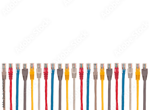 Multicolored internet cables are arranged parallel in a row