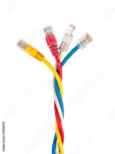 Colorful twisted internet cables on a white background close-up