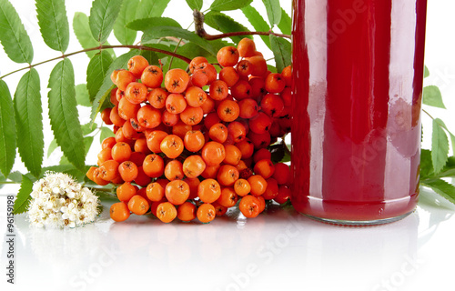 Картината върху платно Cropped orange rowanberry with jar of juice on white