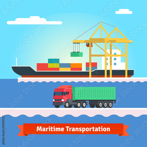Big container ship being loaded by huge port crane