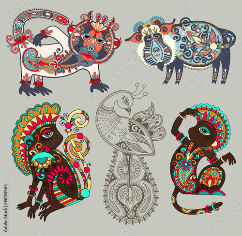 decorative ethnic folk animals and bird in Ukrainian traditional