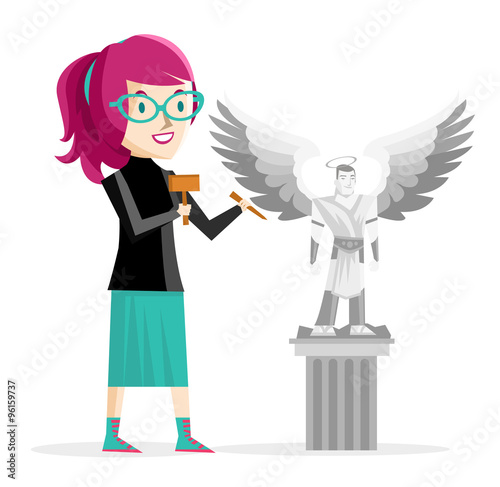 mujer artista esculpiendo estatua de angel