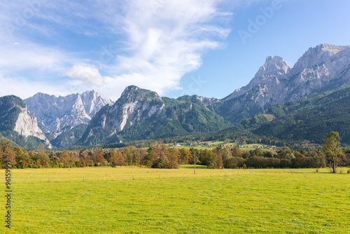 Water gap of the Gesäuse mountain range and view into the Enns valley and the Hochtor massif. The Gesäuse range is part of the Ennstal Alps and a national park in Styria, Austria 