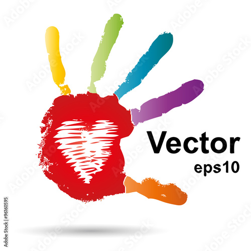Vector onceptual children painted hand print and heart isolated
