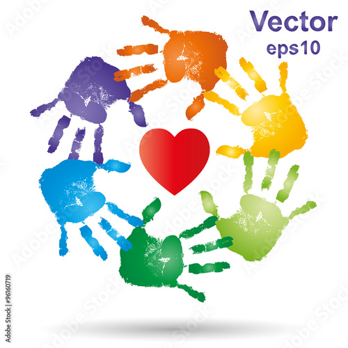 Vector conceptual children painted hand print and heart isolated