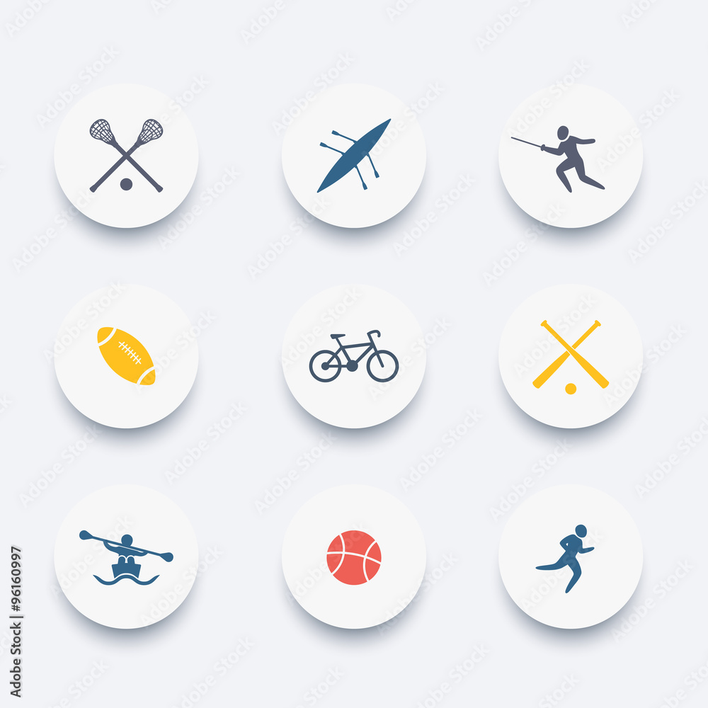 College sports, activities, coloured icons set, vector illustration