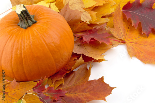 Decoration of pumpkins with autumn leaves for thanksgiving day o