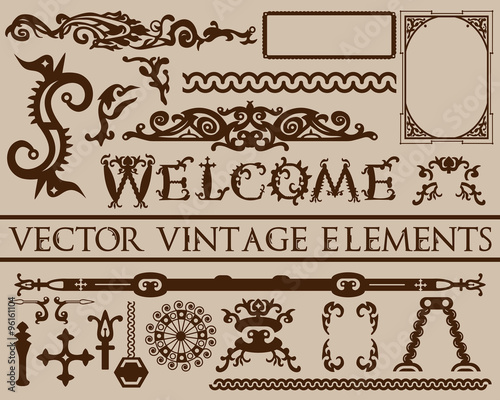 Detailed brown vintage elements in gothic Halloween style on beige background: font, frames, swirls, ornaments, parts etc. Can be used for cards. posters, backgrounds, menu design. Vector illustration