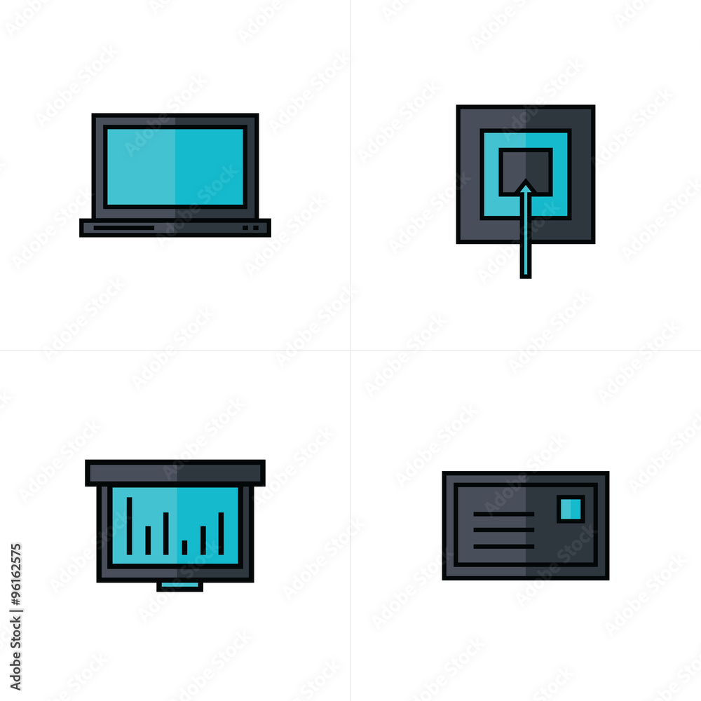 laptop, target, graph, mail icons black and blue color laptop, target, graph, mail icons black and blue color