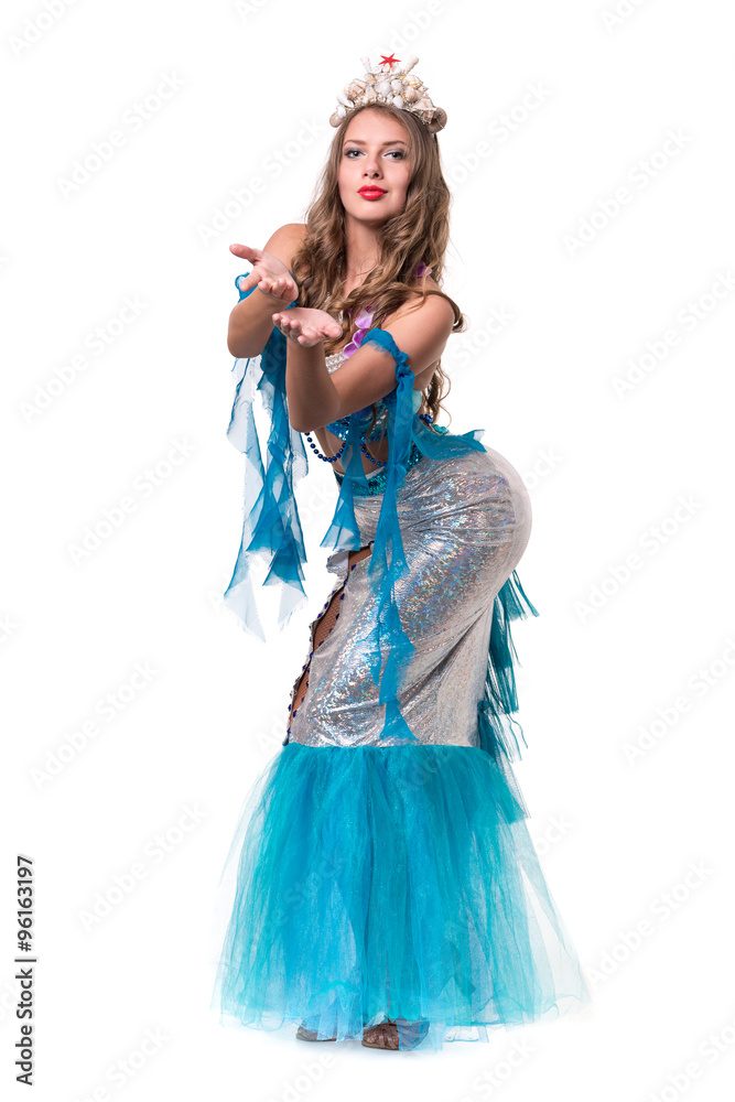 Carnival dancer girl dressed as a mermaid posing, isolated on white