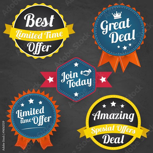 Set of Amazing vector badges, labels and tags. Best Limited Time Offer, Great Deal, Join Today, Special offer and amazing deal tags. Vector elements