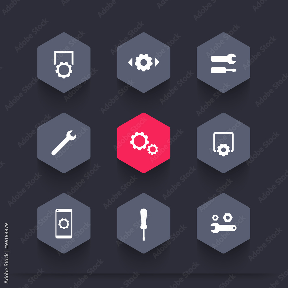 settings, configuration, preferences, hexagon icons set, vector illustration