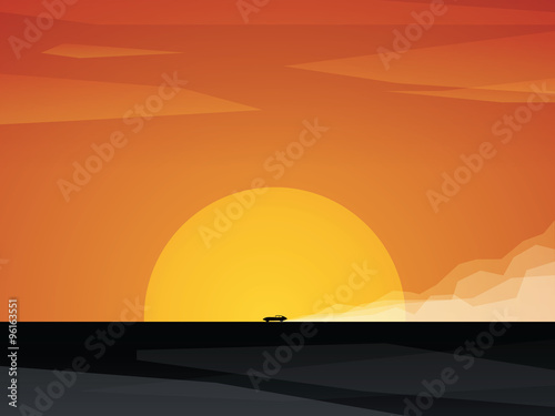 Fast car driving on dusty road with sunset in background. Bright orange sun and sky against black landscape
