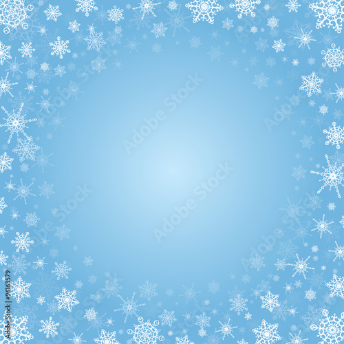 Vector light blue square background with frame of white elegant snowflakes for Christmas and New year, with place for text.