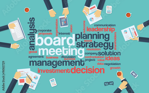 Board meeting abstract vector background with word cloud and management discussing big decisions around table