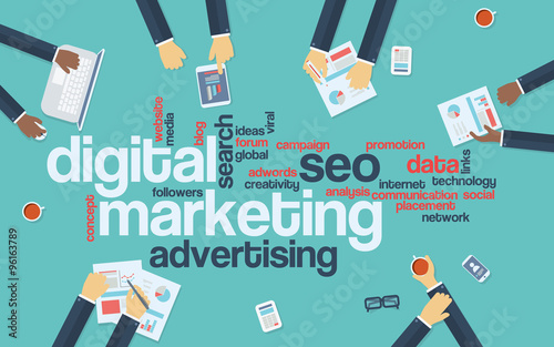Digital marketing concept infographics vector background. Word cloud with online advertising keywords and managers analysing data preparing strategy or campaign