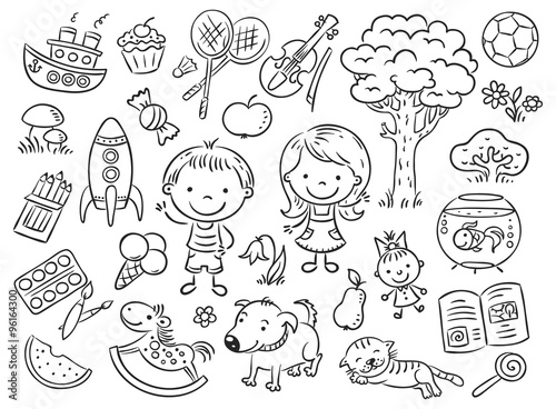 Doodle set of objects from a child's life