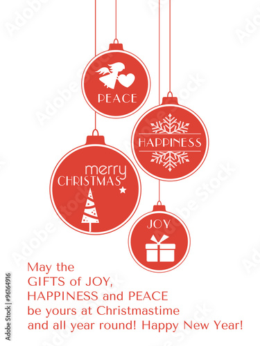 Red Christmas typography card with hanging ornaments
