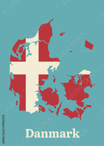 Map of Denmark with the land covered in the national flag. Text spelled in Danish