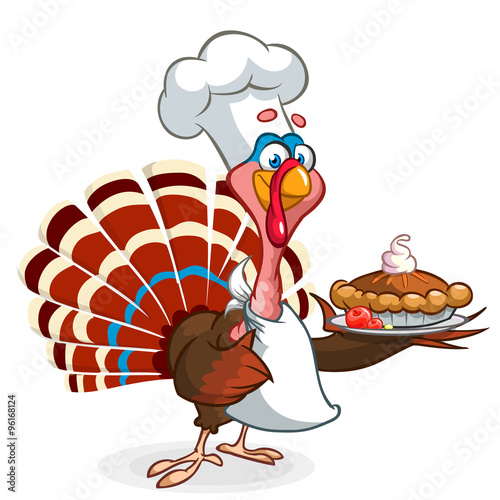 Thanksgiving turkey chief cook serving pumpkin pie. Vector cartoon
