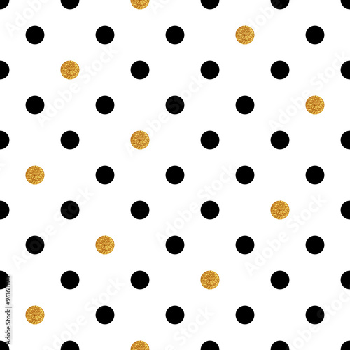 Polka dot seamless background in gold and black colors.