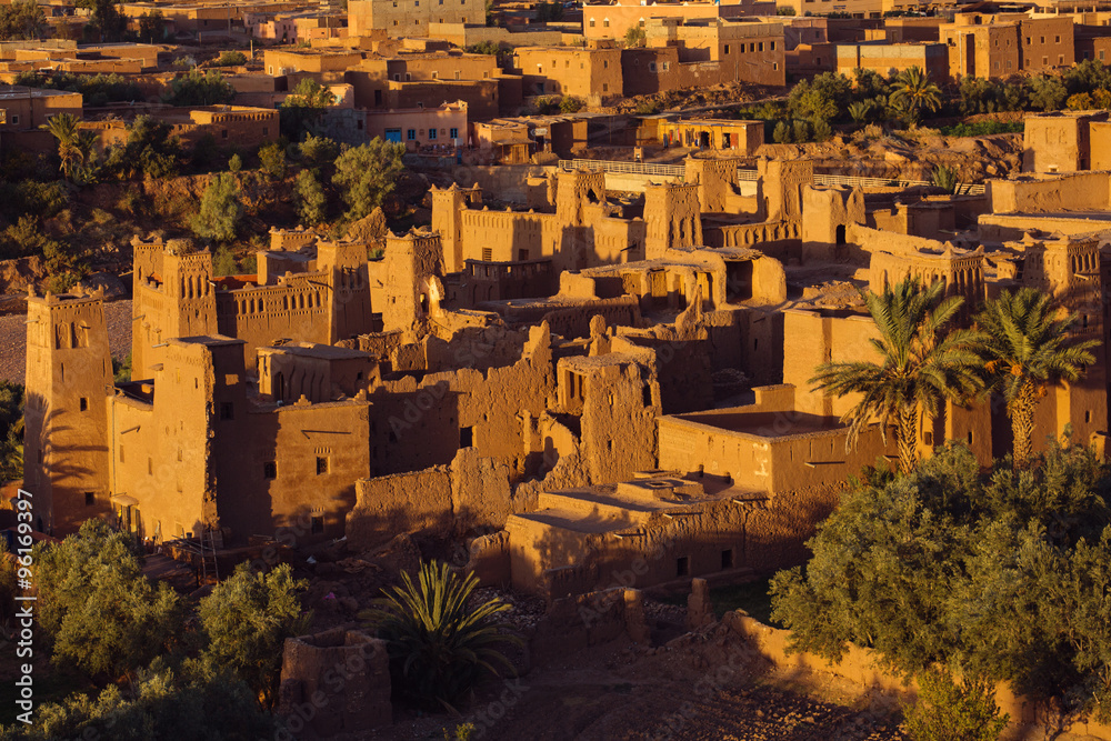 View of Ait Benhaddou Kasbah at sunrise, Ait Ben Haddou, Ouarzaz