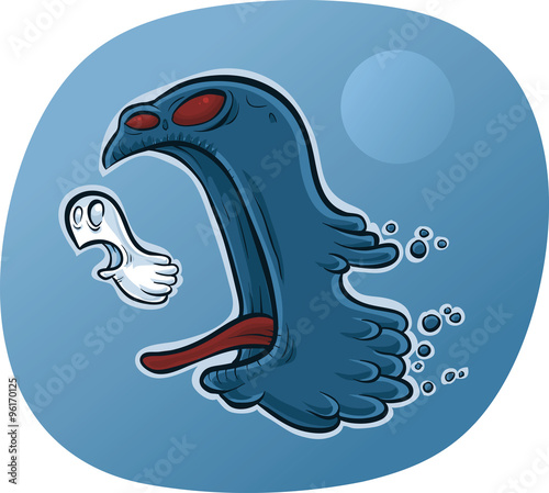 A tiny, cartoon ghost fleeing a larger, angry, evil demon ghost.