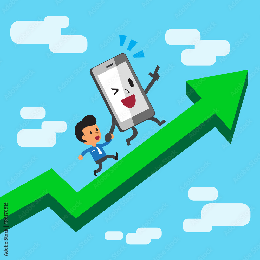Cartoon character smartphone and businessman running on a green arrow Cartoon character smartphone and businessman running on a green arrow