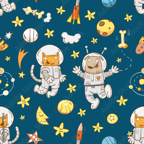 Space vector seamless pattern with cartoon cats astronauts and dogs astronauts on  white background. Doodle image.