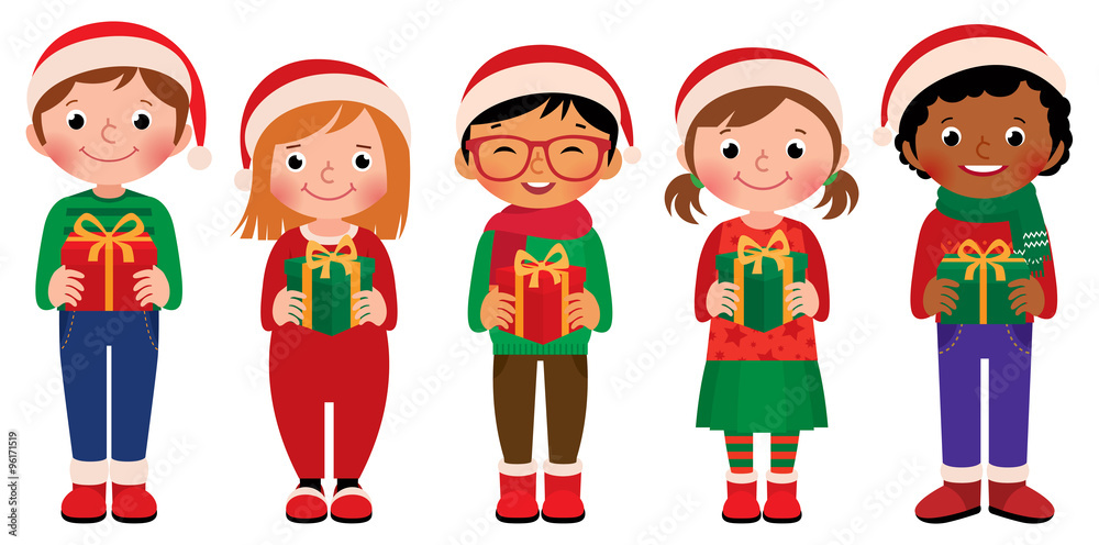 Cartoon children with Christmas gifts isolated on white background/Vector illustration of children in full length with Christmas gifts  isolated on white background