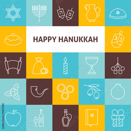 Thin Line Art Happy Hanukkah Jewish Holiday Icons Set