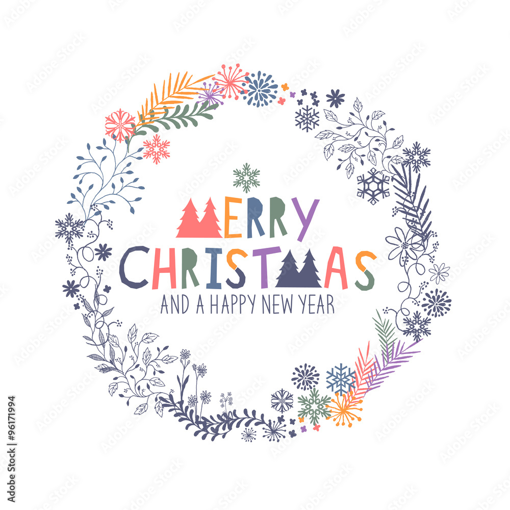 Merry Christmas Wreath with snowflakes and floral patterns. Vector illustration