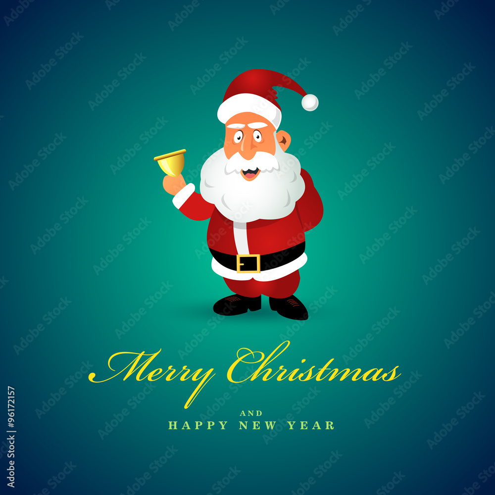 Funny Santa Claus character with golden bell. Merry Christmas card. Blue vector background Funny Santa Claus character with golden bell. Merry Christmas card. Blue vector background
