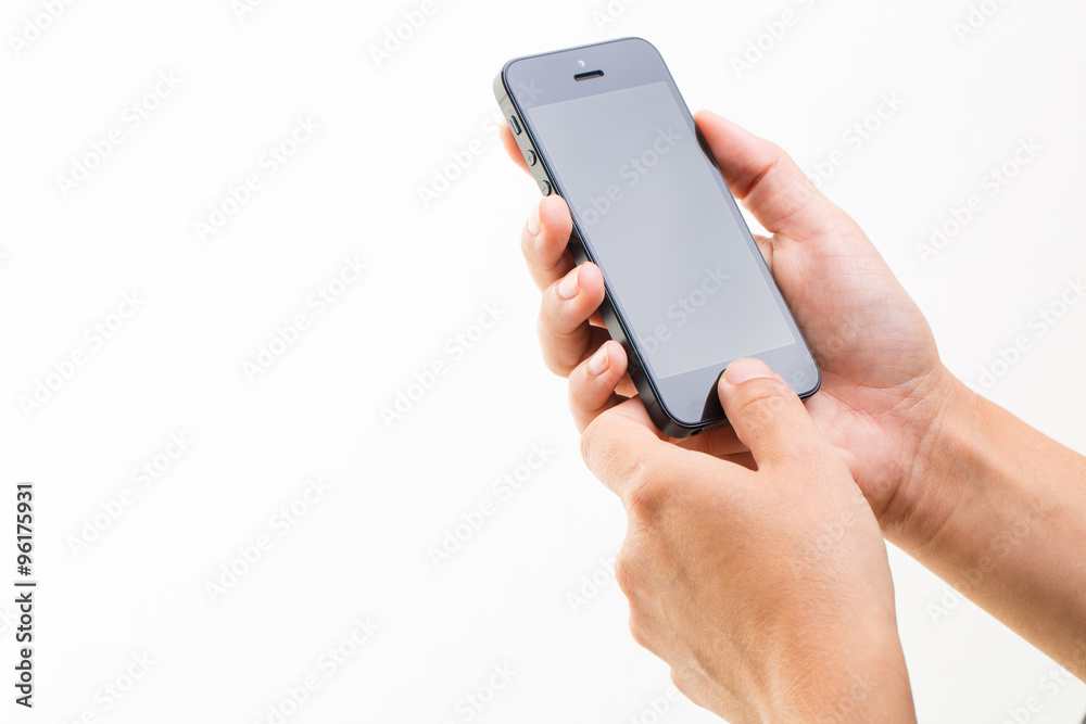 Female hand holding a smart phone, isolated on white Female hand holding a smart phone, isolated on white