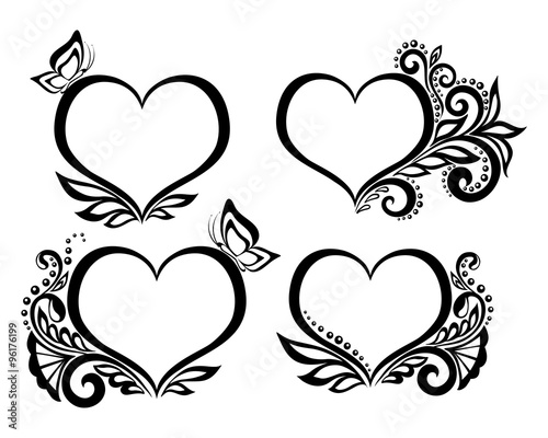 Set of beautiful black-and-white symbol of a heart with floral design and butterfly.