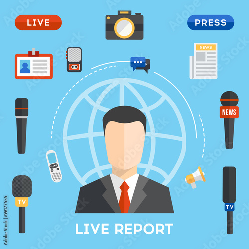 Vector live report concept, live news. Mass media flat style illustration. Live press conference concept. Male interviewer with journalism elements around him. Vector illustration