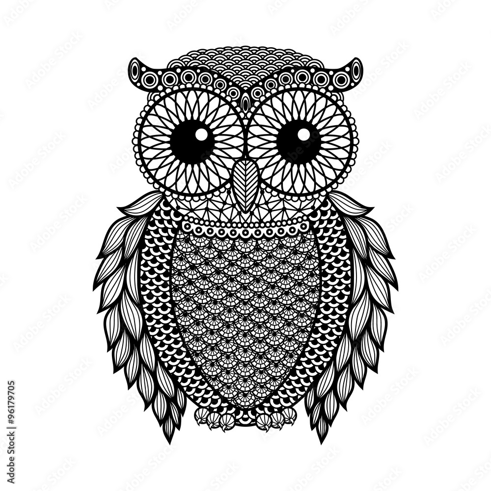 Fototapeta premium Zentangle stylized Black Owl. Hand Drawn vector illustration isolated on white background. Vintage sketch for tattoo design or mehandi.
