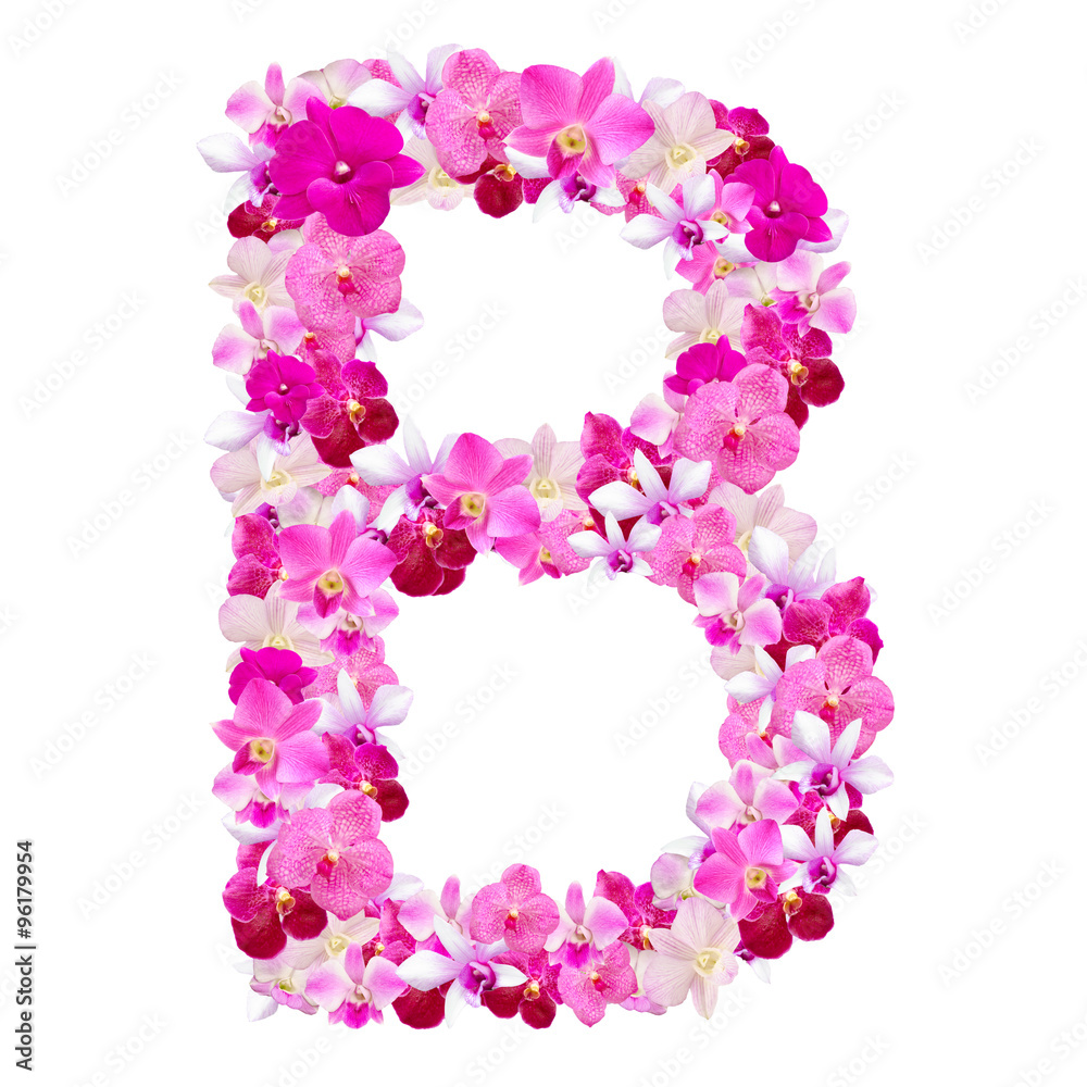 Letter B from orchid flowers isolated on white with working path