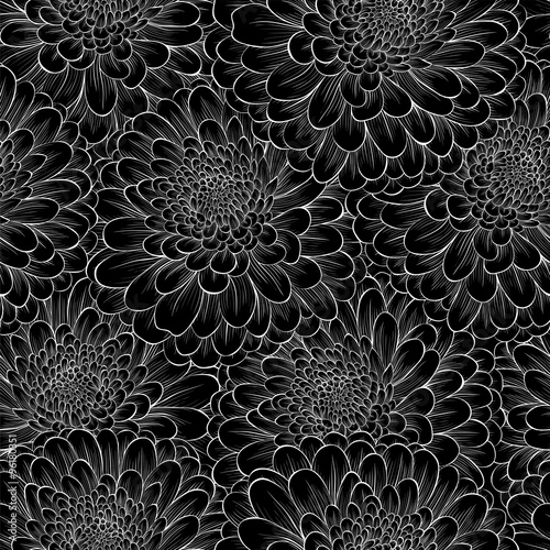 Beautiful seamless background with monochrome black and white flowers.