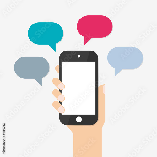 Hand holding smartphone with blank speech bubbles for chat comments. Text messaging flat design concept. Empty message box from telephone. Vector element