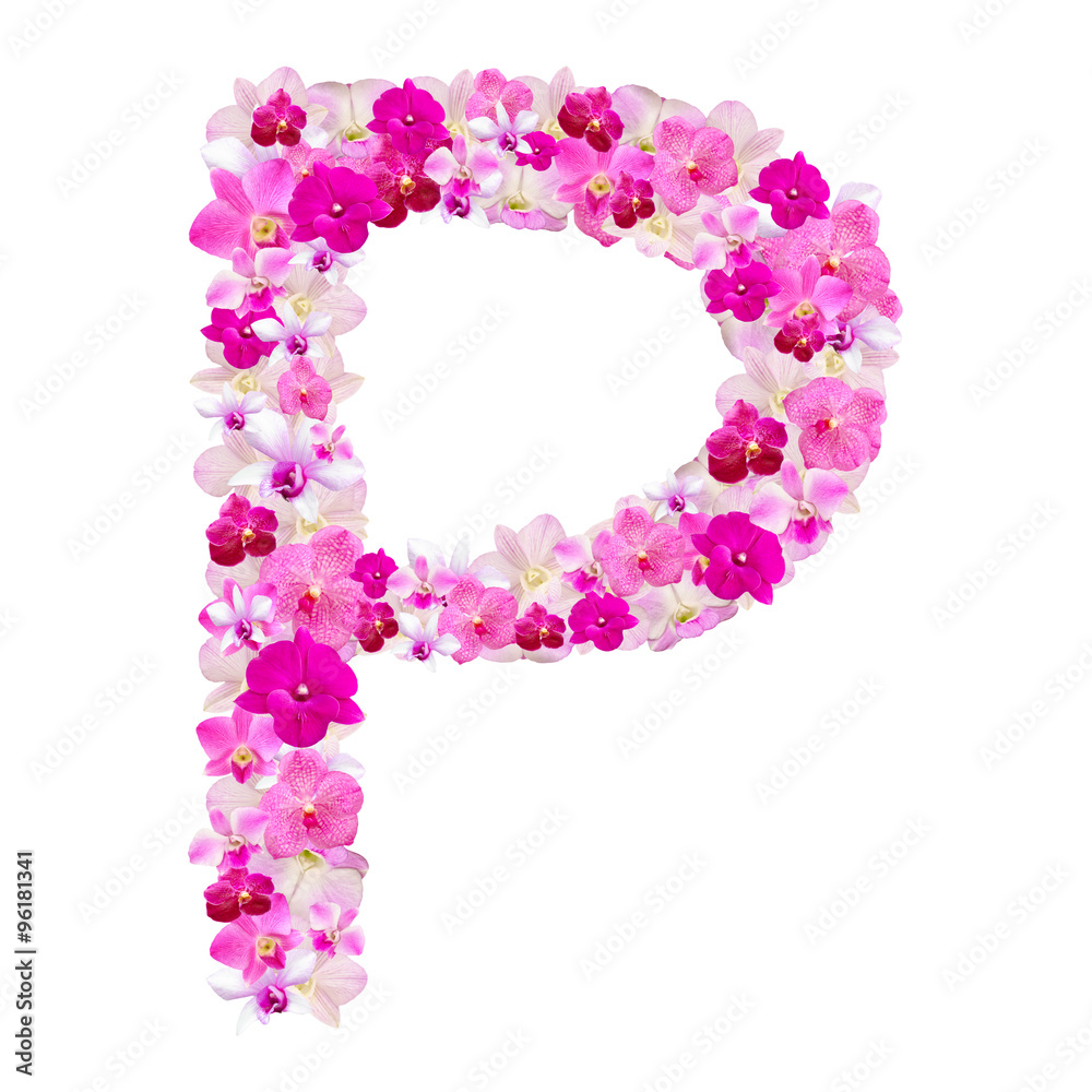 Letter P from orchid flowers isolated on white with working path