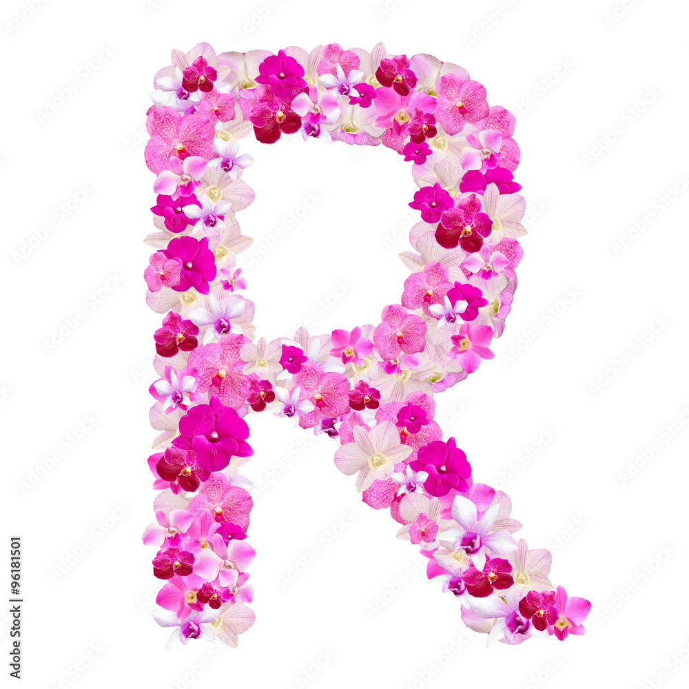 Letter R from orchid flowers isolated on white with working path