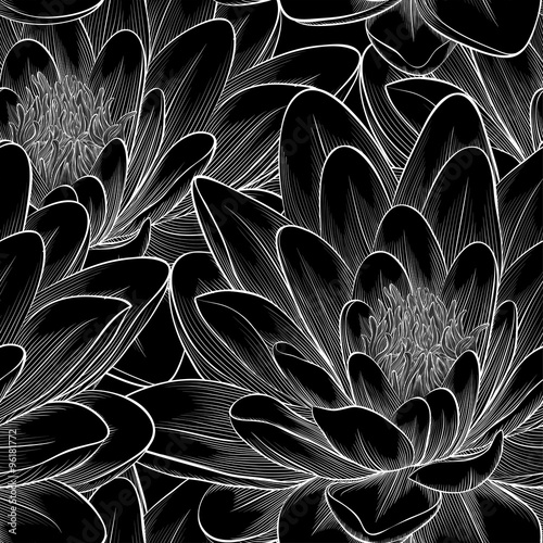 Beautiful monochrome, black and white seamless pattern with lotus flowers.