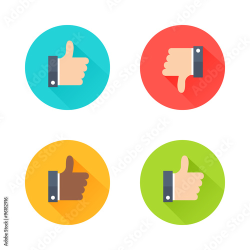 Like, dislike flat style icon set. Thumb up and down icons in cartoon style. Colorful approve buttons. Vector elements